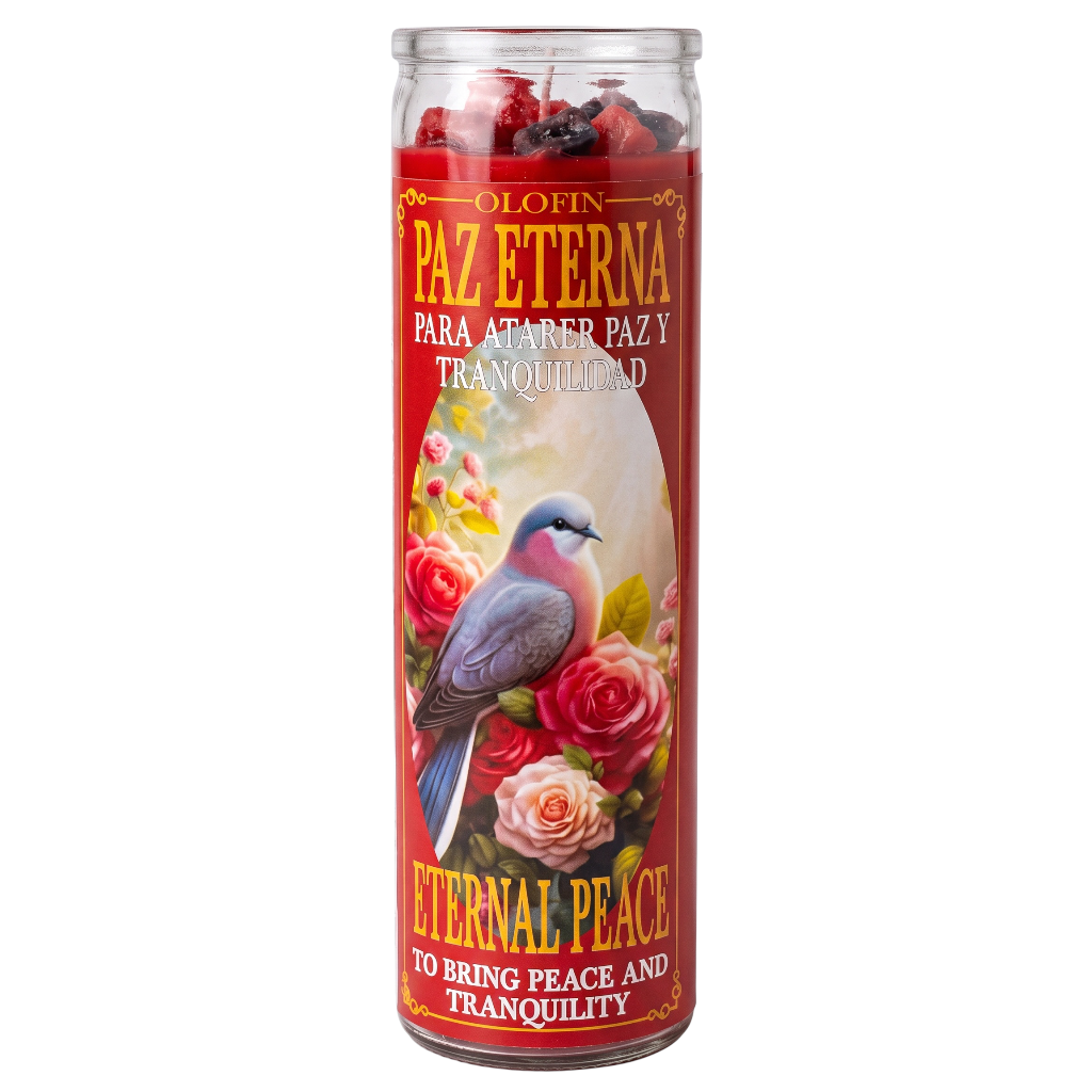 A tall glass prayer candle with a red label reading 'OLOFIN PAZ ETERNA' and 'ETERNAL PEACE,' featuring a blue bird perched among pink and red roses. The candle is shown upright on a plain white background.