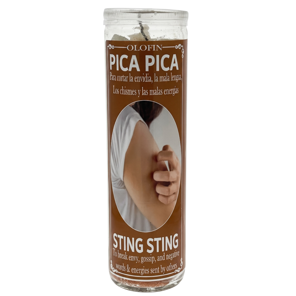 A glass jar candle labeled 'Olofin Pica Pica Sting Sting' with a brown label and a photo of a hand holding a pin, shown on a white background.