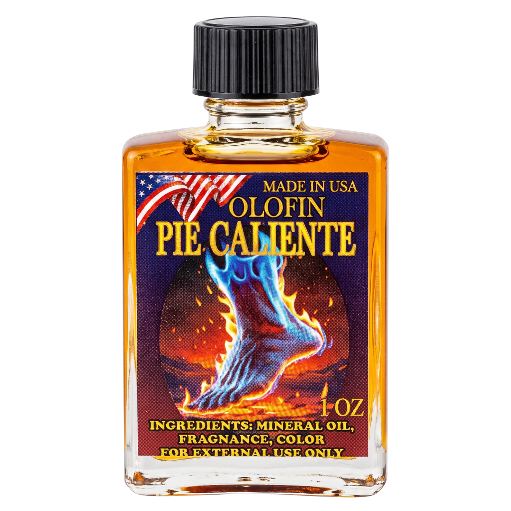A 1 oz glass bottle of Olofin Pie Caliente mineral oil and fragrance, featuring a black ribbed cap and a colorful label with a blue foot and flames, on a white background.
