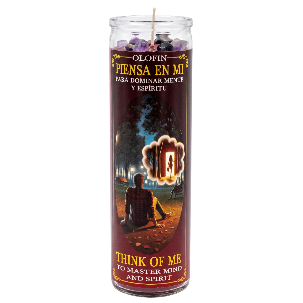 A tall glass prayer candle with a dark maroon label reading 'OLOFIN PIENSA EN MI PARA DOMINAR MENTE Y ESPIRITU' and 'THINK OF ME TO MASTER MIND AND SPIRIT' in yellow text. The label shows an illustration of a seated person facing a dark forest with a glowing thought bubble.