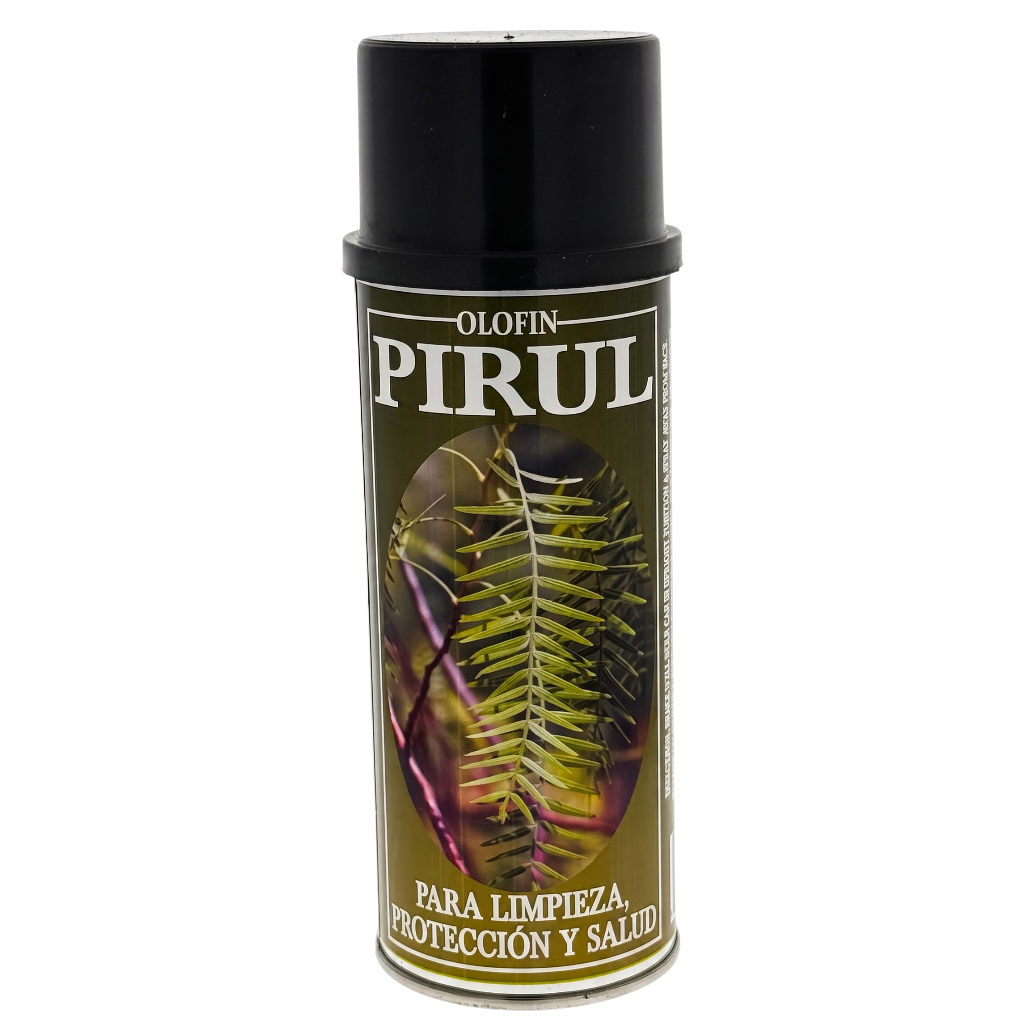 A can of Olofin Pirul insect repellent spray with a black cap and a dark olive-green label featuring a green fern illustration, set against a plain white background.