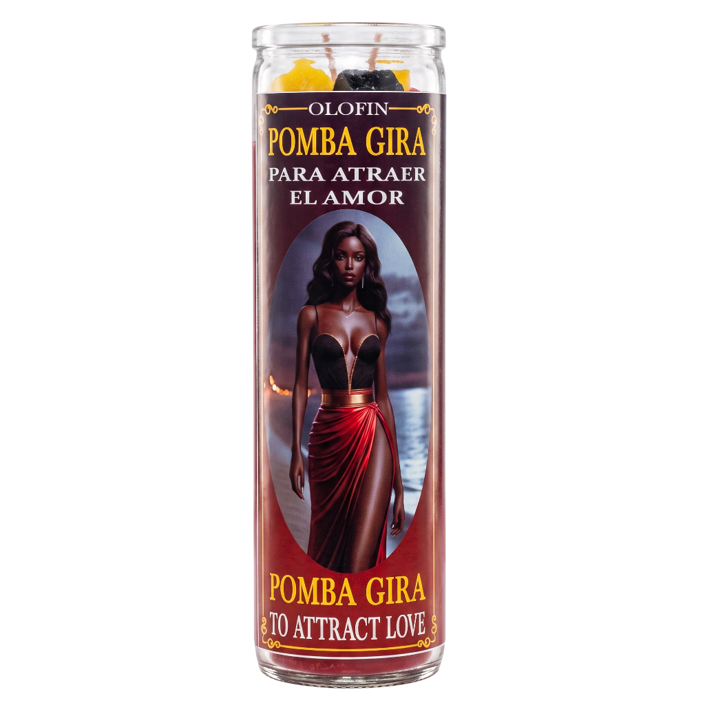 A tall glass jar candle with a printed label featuring a woman in a red skirt and Spanish text reading 'POMBA GIRA PARA ATRAEER EL AMOR' and 'POMBA GIRA TO ATTRACT LOVE.'.