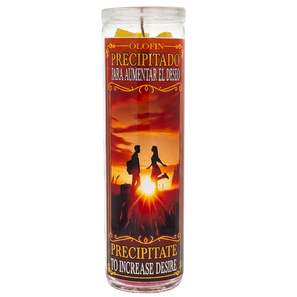 A tall glass jar candle with a Spanish religious/spellbook label reading 'Olofin Precipitado para Aumentar el Deseo' and 'Precipitate 70 Increase Desire,' featuring a sunset silhouette scene on the front.