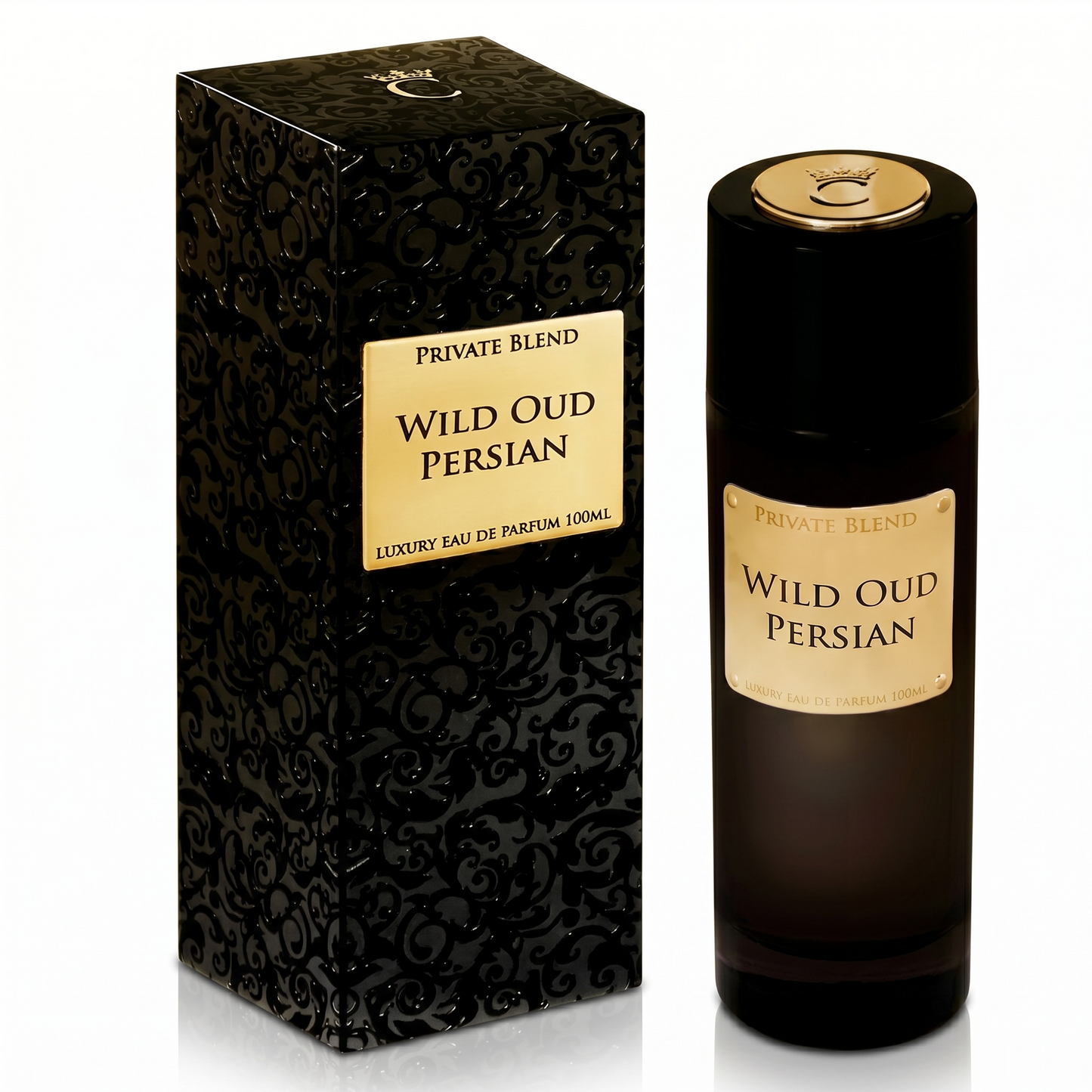 Perfume bottle and packaging of 'Wild Oud Persian' by Private Blend on a white background