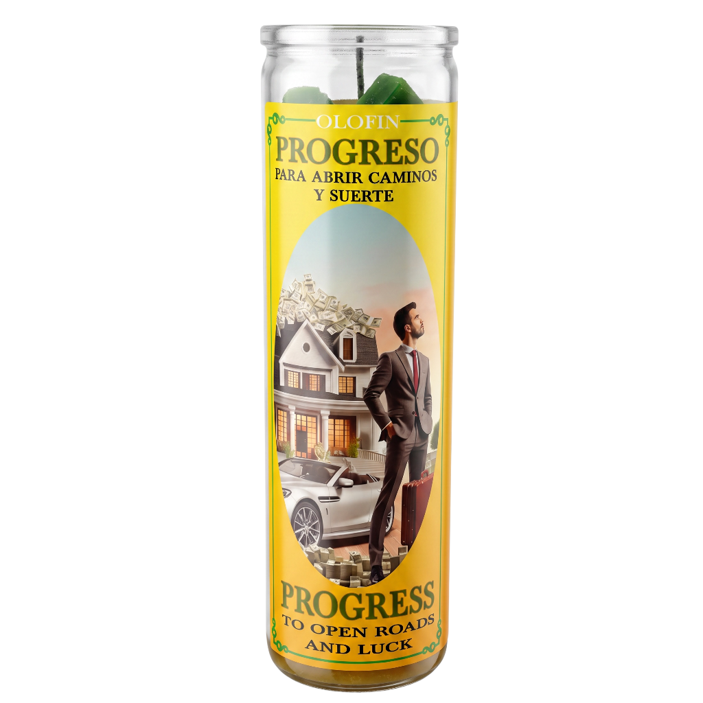 A tall glass prayer candle with a yellow label reading 'Olofin Progress' and 'Para abrir caminos y suerte' on a plain white background.