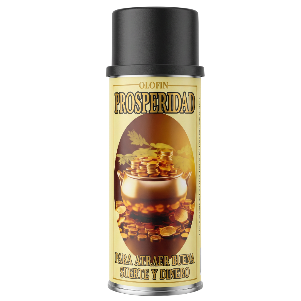 A silver spray can with a black cap and a cream-colored label featuring the brand 'Olofin' and the product name 'PROSPERIDAD'. The label depicts a gold pot overflowing with coins, symbolizing wealth and prosperity.