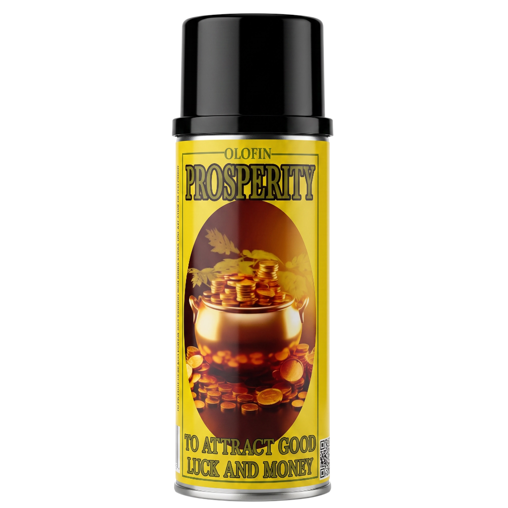 A can of Olofin Prosperity spray with a black cap and a yellow label featuring a pot of gold and the text 'To Attract Good Luck and Money'.
