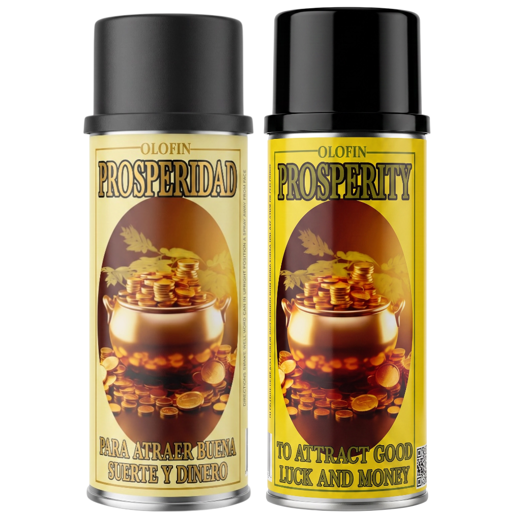 Two aerosol cans of Olofin Prosperidad / Prosperity spray, side by side on a white background. The cans have black caps and labels with a golden-yellow background, featuring an illustration of a pot overflowing with gold coins.