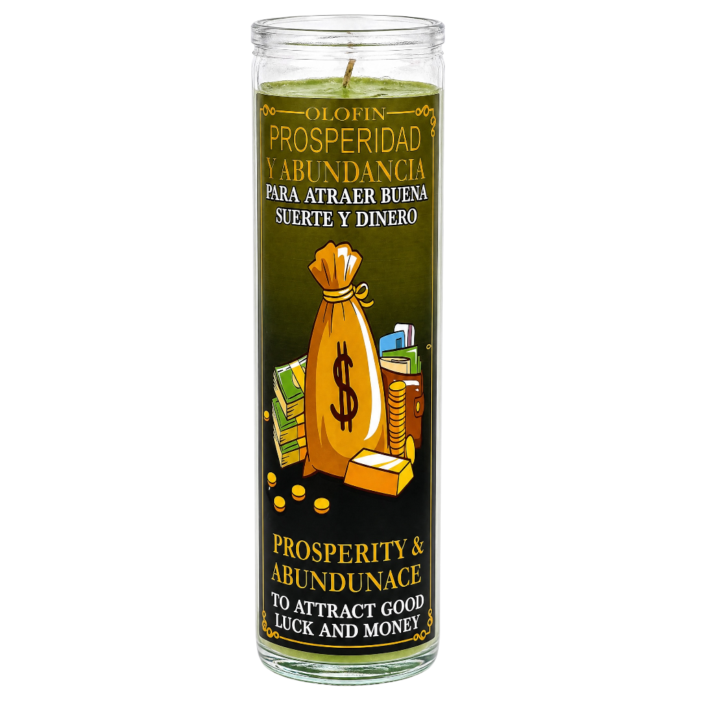 A tall glass jar candle with a green wax fill and a black label featuring a gold money bag, coins, and stacks of cash. The label has Spanish text reading 'PROSPERIDAD Y ABUNDANCIA PARA ATRAER BUENA SUERTE Y DINERO' and English text below reading 'PROSPERITY AND ABUNDANCE TO ATTRACT GOOD LUCK AND MONEY'.