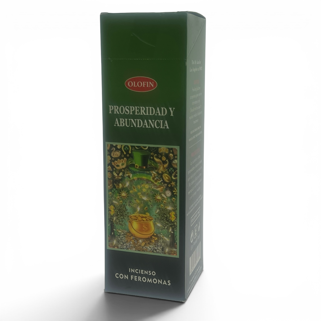 A tall rectangular green box of Olofin incense with Spanish text 'PROSPERIDAD Y ABUNDANCIA' and 'INCENIO CON FEROMONAS' on a white background.