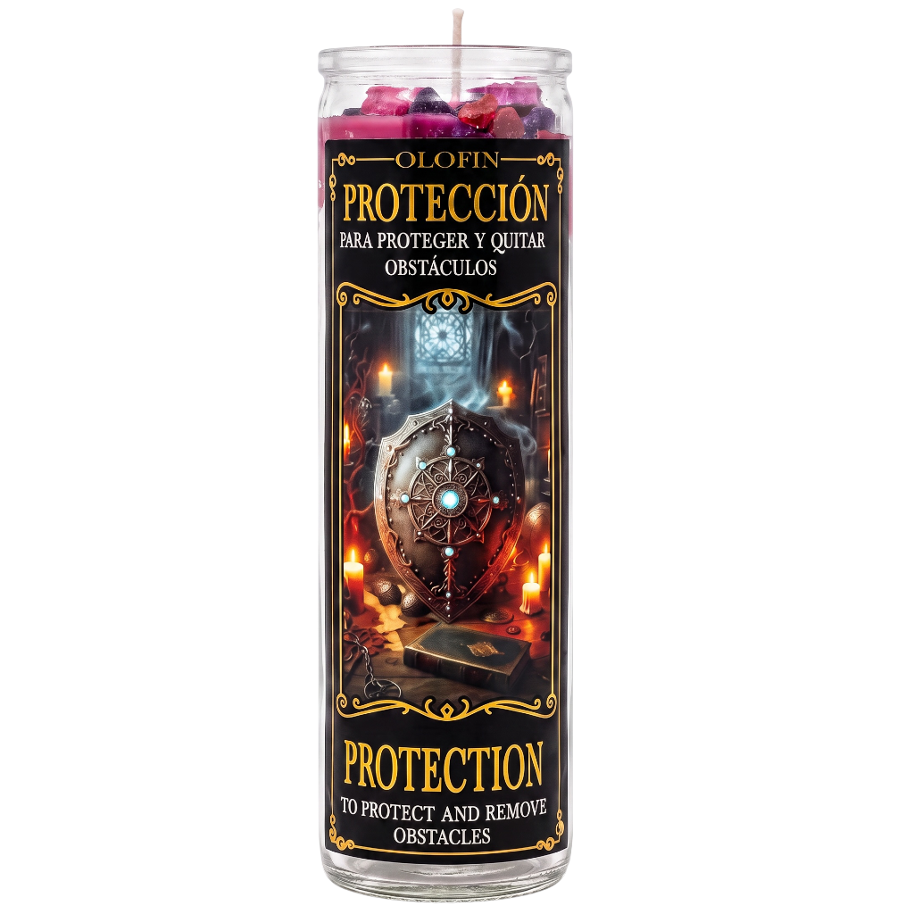 A tall clear glass jar candle with a black label featuring a fantasy illustration of a glowing shield and the text 'OLOFIN PROTECCIÓN' and 'PROTECTION TO PROTECT AND REMOVE OBSTACLES'. The candle wax at the top is pink and purple, and a white wick is visible against a plain white background.