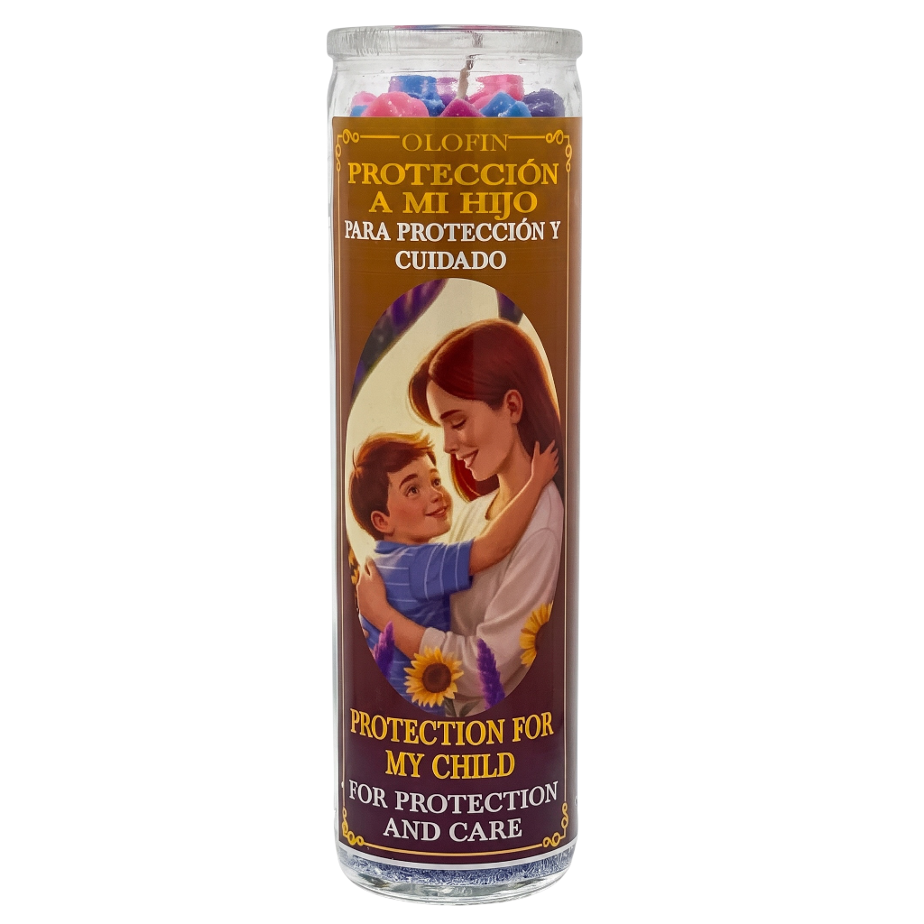 A tall glass jar candle with a printed label reading 'Olofin Protección A Mi Hijo' and 'Protection for My Child,' featuring an illustration of a woman holding a child. The candle is shown on a plain white background.
