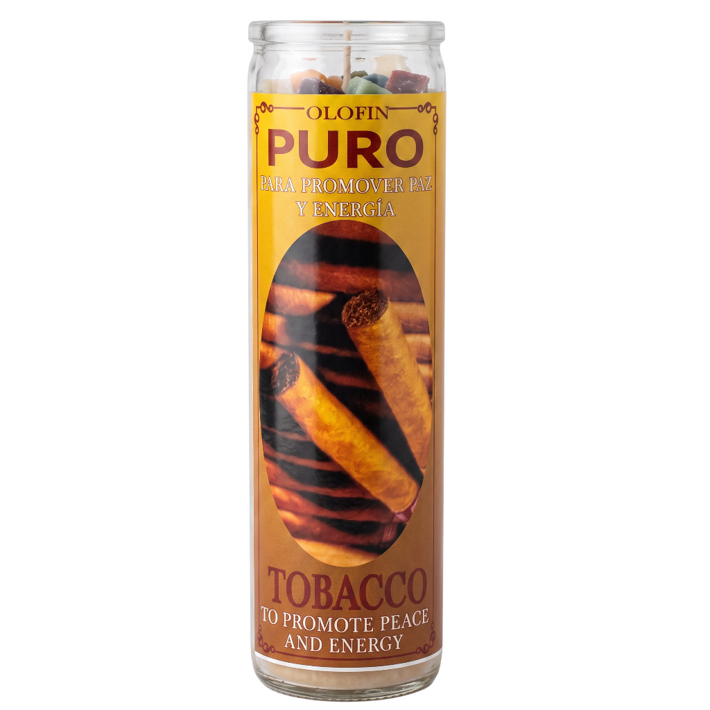 A tall glass jar candle with a clear top and bottom, featuring a golden-brown label that reads 'OLOFIN PURO' and 'TOBACCO'. The label shows an image of rolled tobacco leaves and has a thin wick at the top, set against a plain white background.