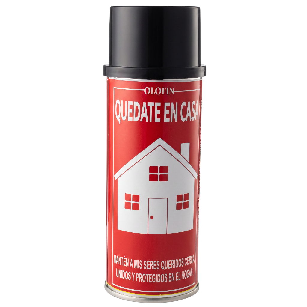 A can of Olofin 'Quedate en Casa' home protection spray, featuring a red label with a white house icon and a black cap, on a plain white background.