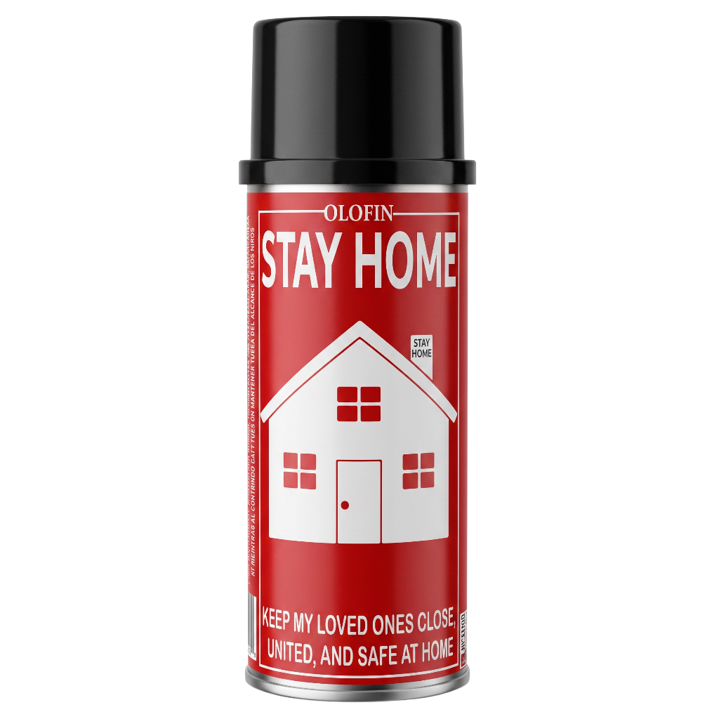 A can of Olofin Stay Home spray with a red label, white house graphic, and black cap on a plain white background.