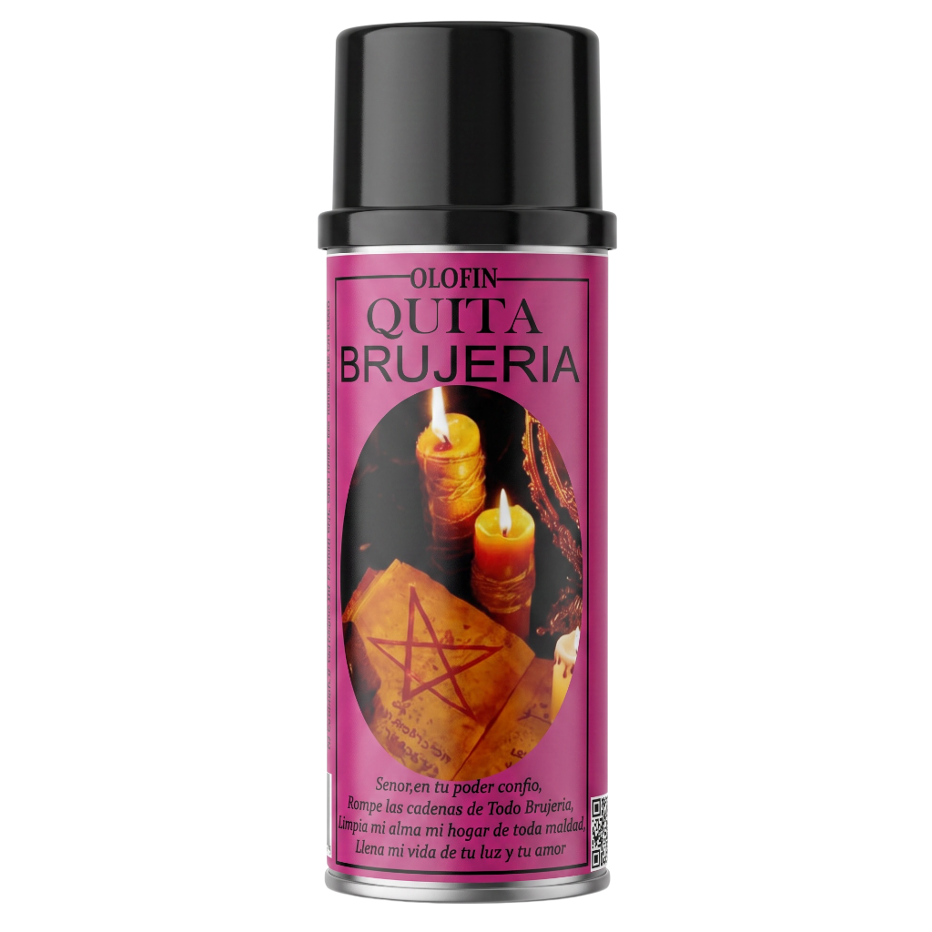 A spray can of Olofin Quitar Brujeria, featuring a black cap and a pink label with an illustration of candles and a pentagram on a white background.