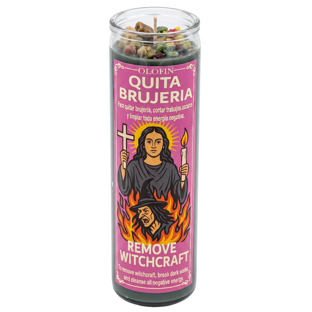 A tall glass jar candle labeled 'Olofin Quita Brujeria Remove Witchcraft' with a pink label featuring an illustration of a woman holding a cross and a candle above flames, on a white background.