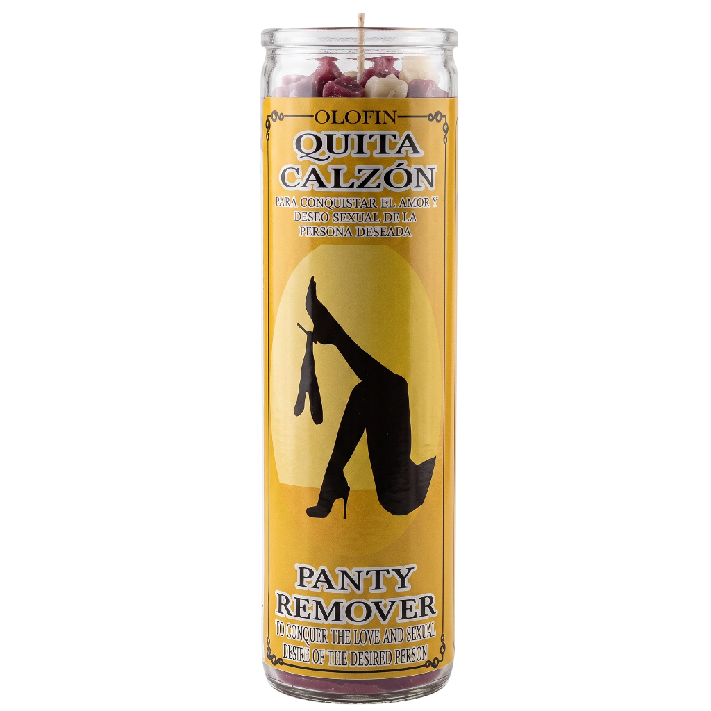 A tall glass jar candle labeled 'Olofin Quita Calzón Panty Remover' with a yellow label, black silhouette of a woman in high heels, and dried rose petals visible at the top, shown on a white background.