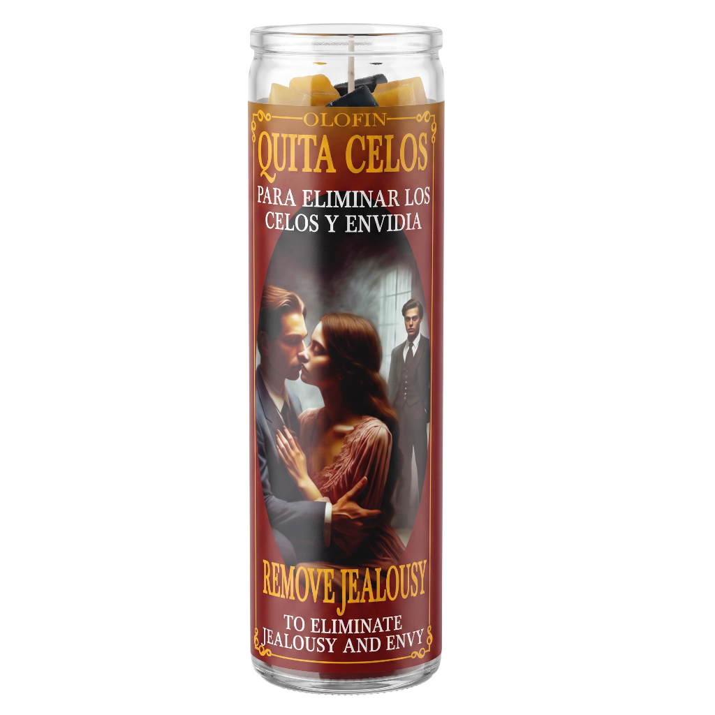 A tall glass jar candle with a printed label reading 'Olofin Quita Celos' and 'Remove Jealousy! To Eliminate Jealousy and Envy,' featuring a label illustration of a couple and a man, on a plain white background.