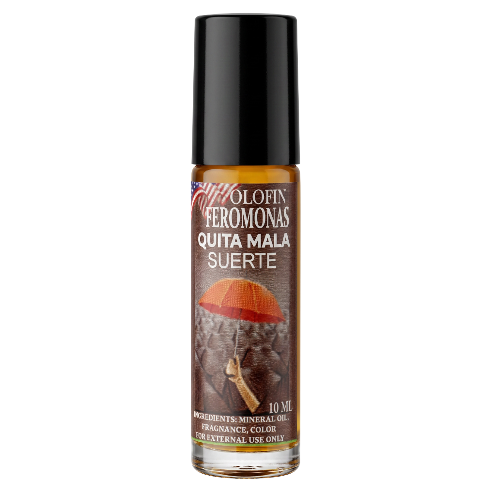 A 10 ml roll-on bottle of Olofin Feromonas 'Quita Mala Suerte' fragrance color, featuring a black cap and a brown label with an orange umbrella graphic, shown on a plain white background.