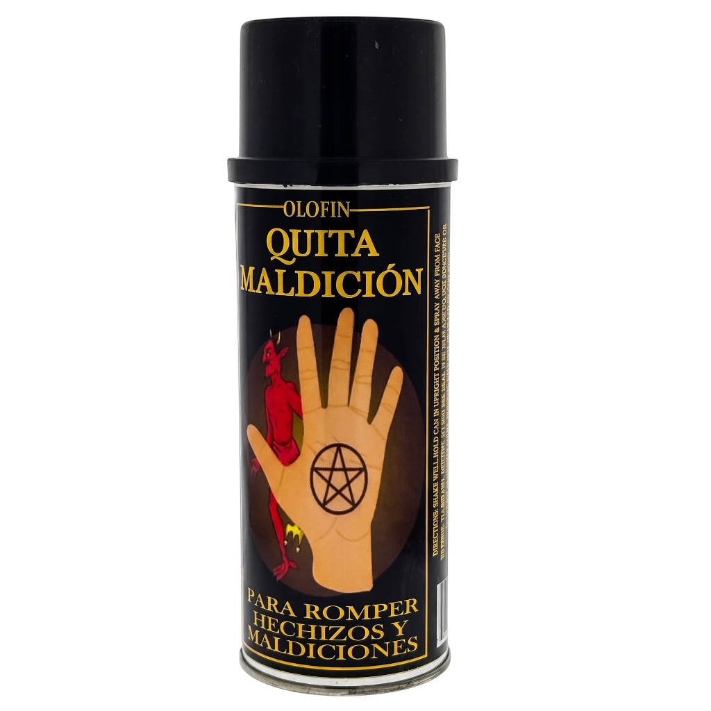 A black spray can labeled 'Olofin Quita Maldicion' with a hand graphic and pentagram symbol on the label, shown against a plain white background.