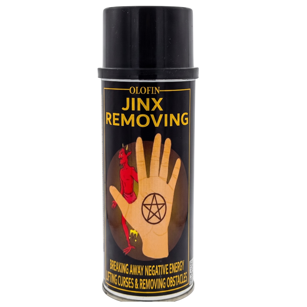 A black aerosol can of Olofin Jinx Removing spray, featuring a label with a tan hand graphic and yellow text on a white background.
