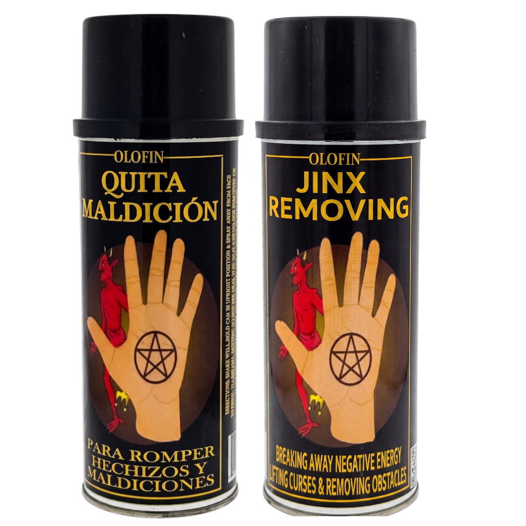Two black Olofin spray cans labeled 'Quita Maldicíon' and 'Jinx Removing' with a hand graphic and pentagram symbol on the labels, shown against a plain white background.