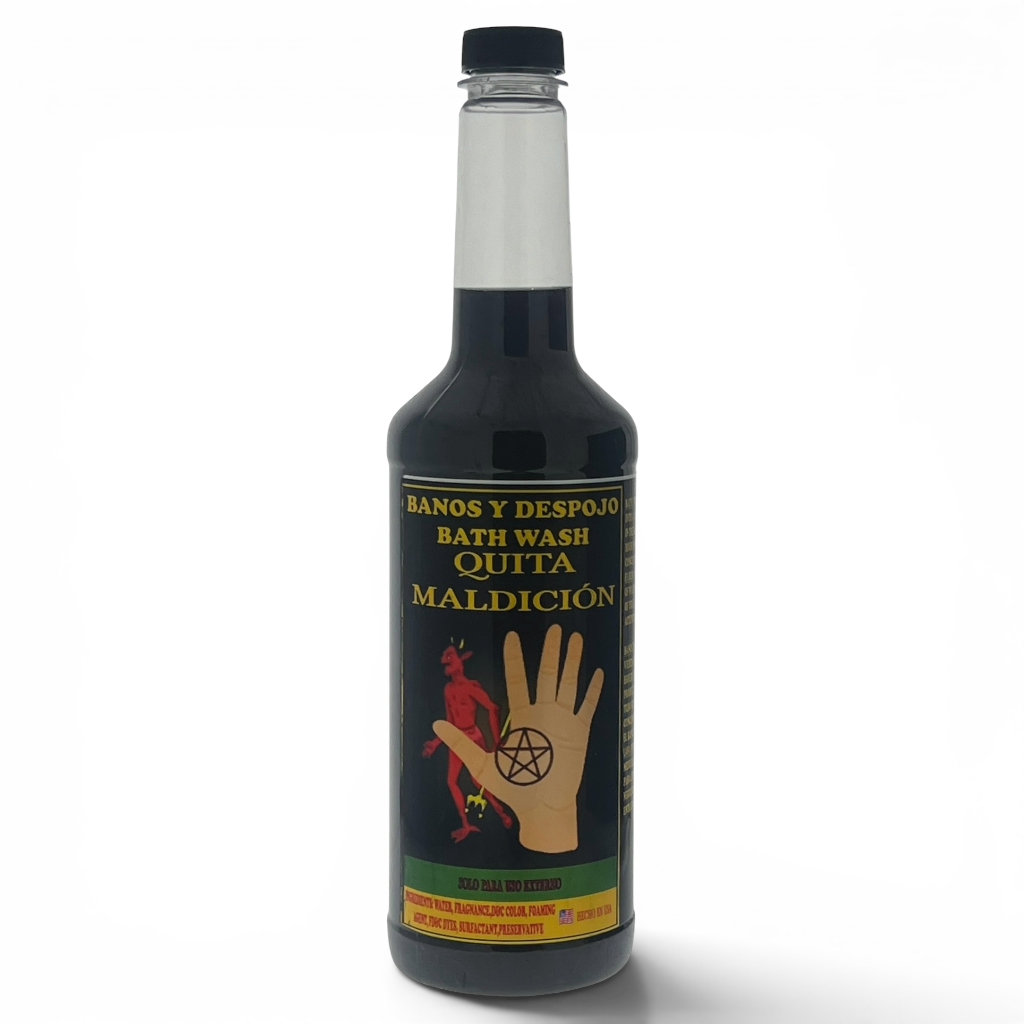 A bottle of Maldicion Bath Wash Quita Ranos and Despojo bath wash, featuring a black label with a tan hand graphic and red devil illustration, on a white background.