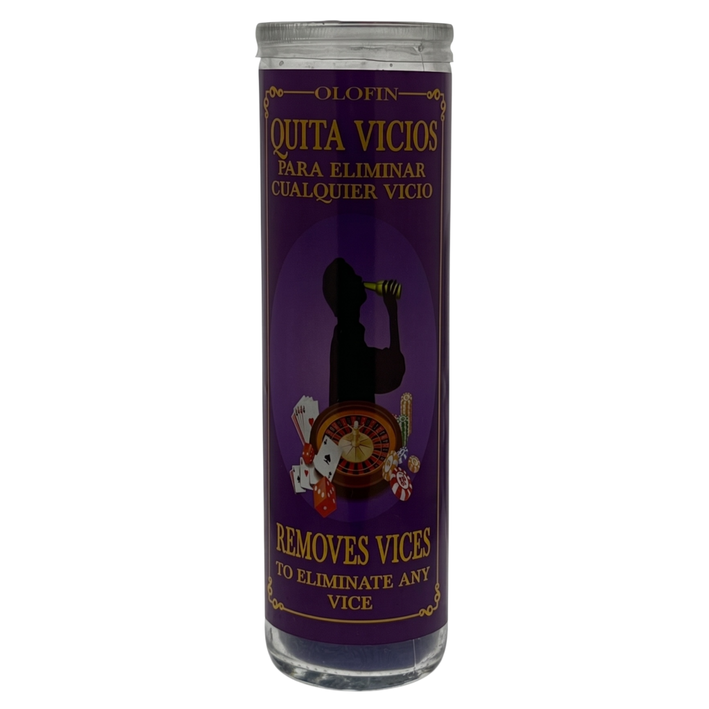 A tall glass prayer candle with a purple label featuring a black silhouette of a figure holding a syringe, gold text reading 'OLOFIN QUITA VICIOS PARA ELIMINAR CUALQUIER VICIO' and 'REMOTES VICES TO ELIMINATE ANY VICE', on a white background.