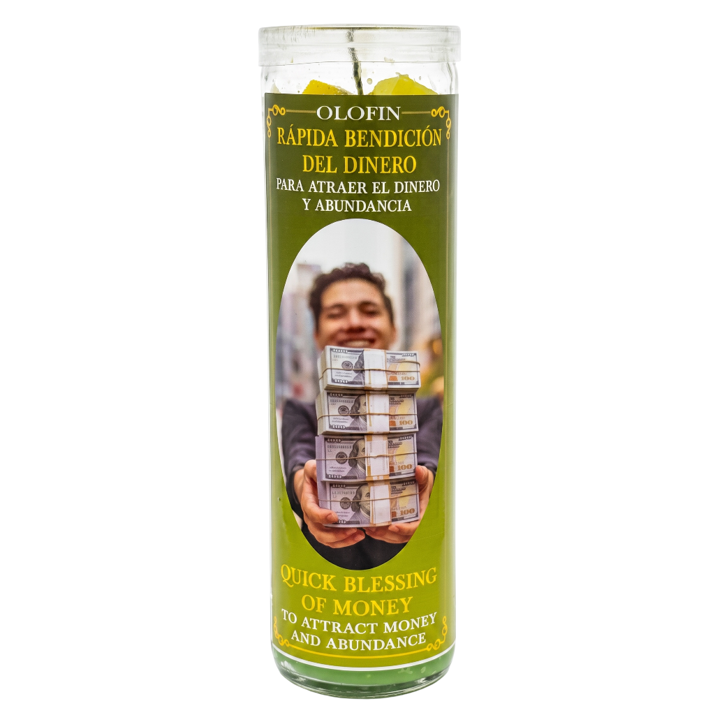 A tall glass prayer candle with a green printed label featuring Spanish text 'OLOFIN RAPIDA BENDICIÓN DEL DINERO PARA ATRAE EL DINERO Y ABUNDANCIA' and a photo of a smiling man holding stacks of cash. The candle is shown on a plain white background.