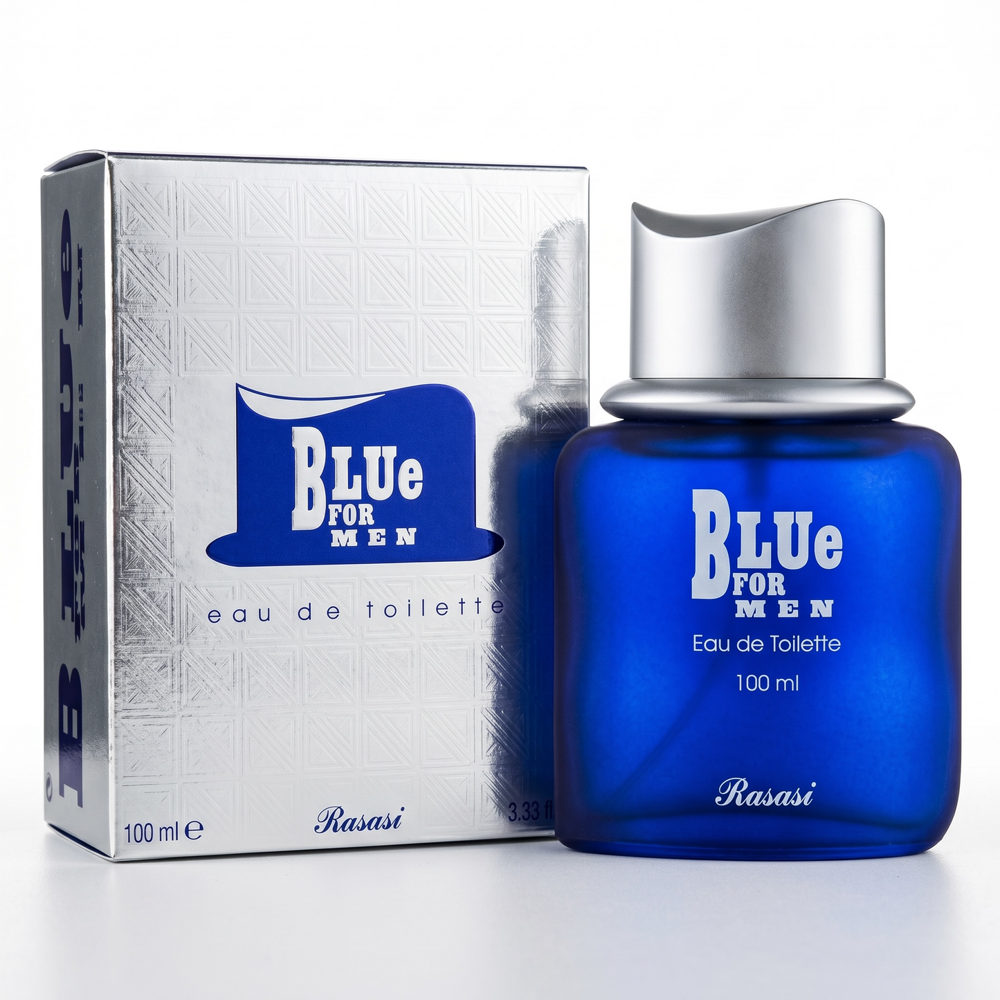 Blue perfume bottle and packaging for men with 'Rasasi' branding on a white background