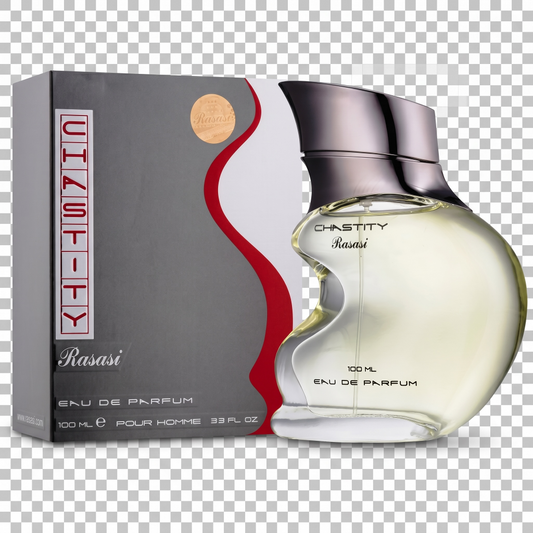Rasasi Chastity Eau de Parfum bottle and packaging on a transparent background