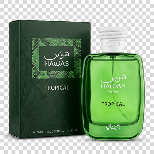 Green Hawas Tropical perfume bottle and packaging on a transparent background
