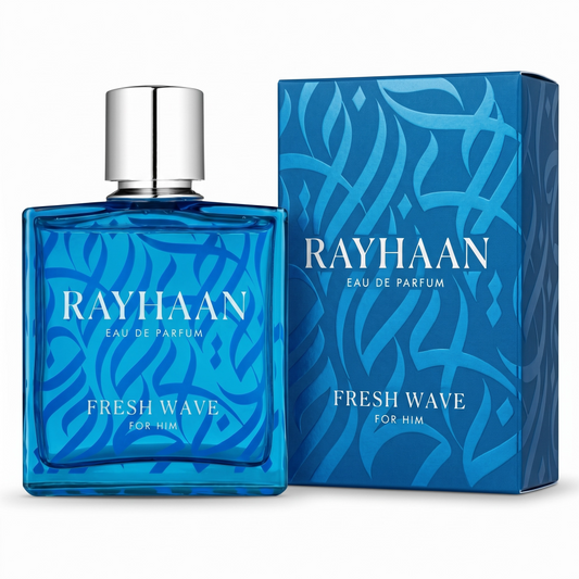 Rayhaan Eau de Parfum bottle and packaging with blue design on a white background