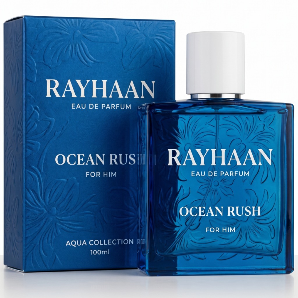Rayhaan Eau de Parfum bottle and packaging with 'Ocean Rush' on a white background