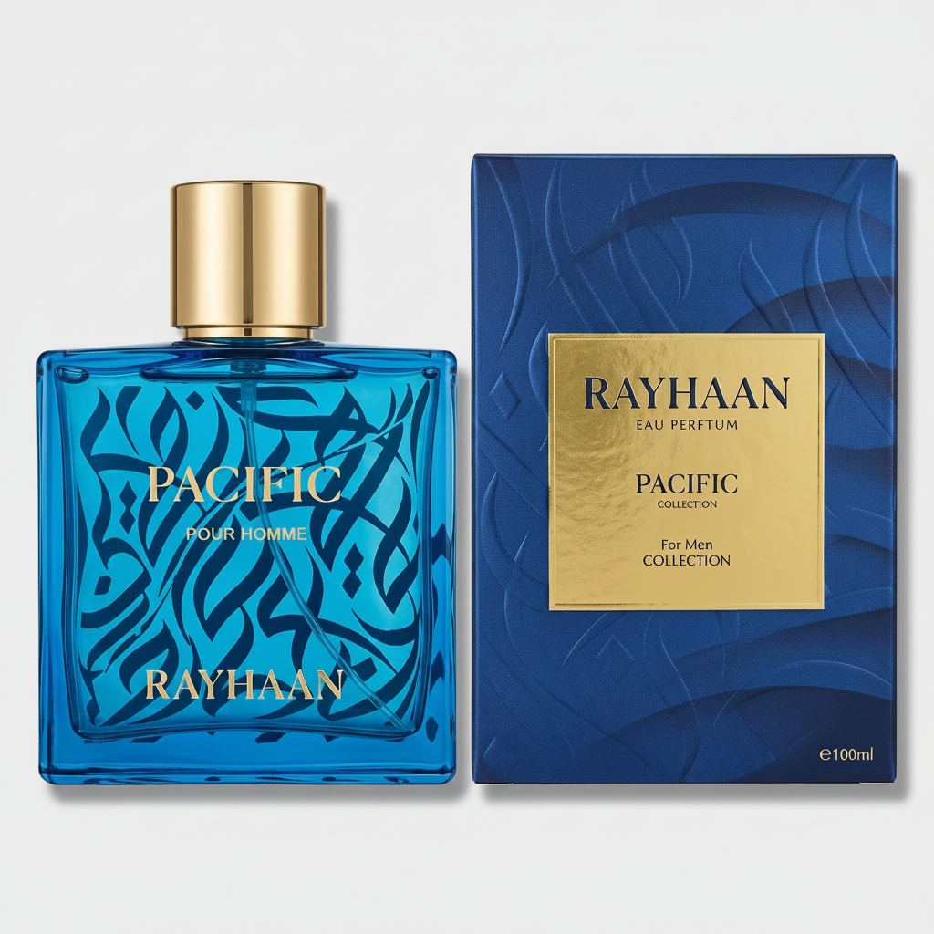 Rayhaan Pacific Pour Homme perfume bottle and packaging on a transparent background