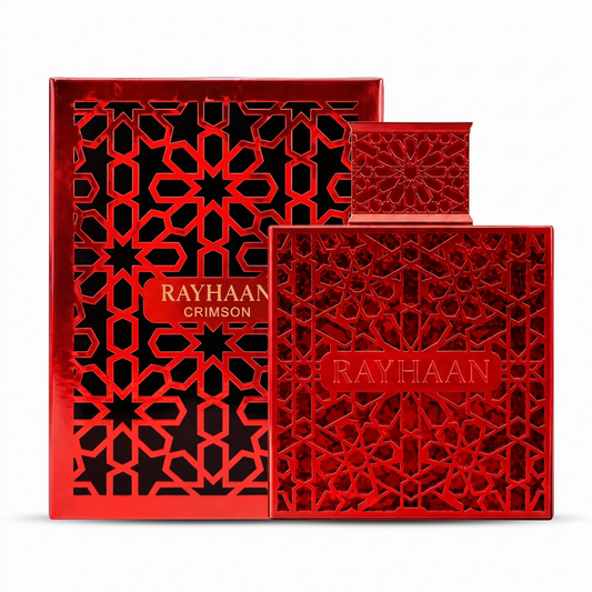 Red 'Rayhaan Crimson' perfume bottle and packaging on a white background