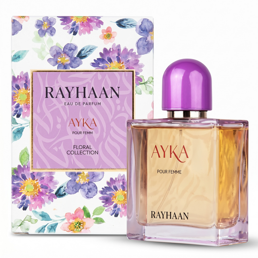 AYKA Pour Femme perfume bottle with floral packaging on a white background