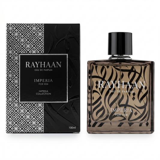 Rayhaan Imperia Eau de Parfum bottle and packaging on a white background