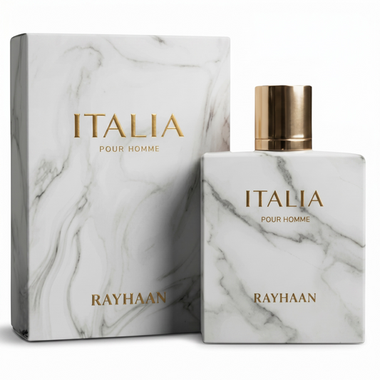 Marble-patterned 'ITALIA POUR HOMME' perfume bottle and packaging by RAYHAAN on a white background