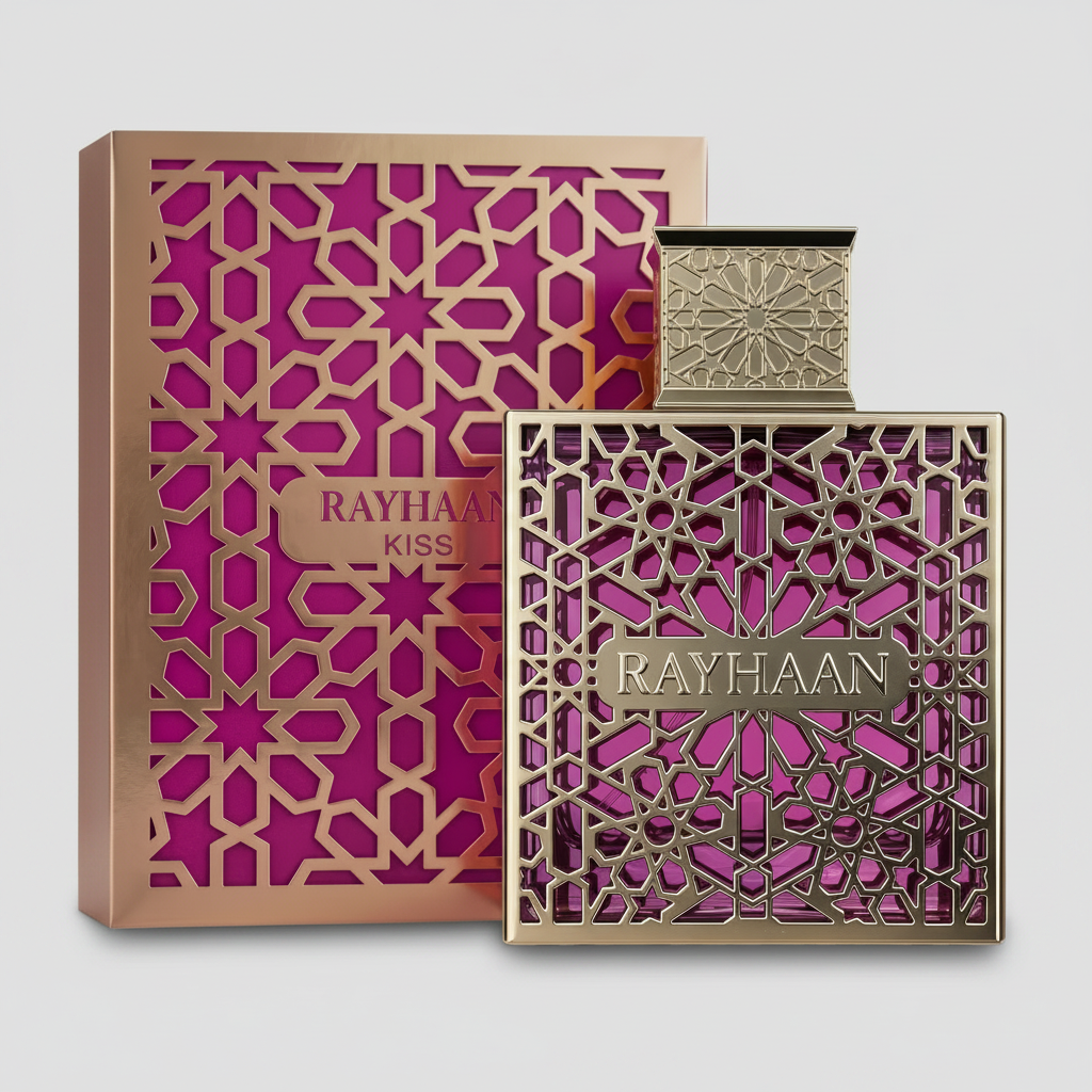 Rayhaan perfume bottle and packaging with intricate design on a transparent background