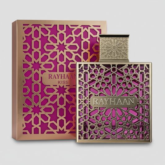 Rayhaan perfume bottle and packaging with intricate design on a transparent background