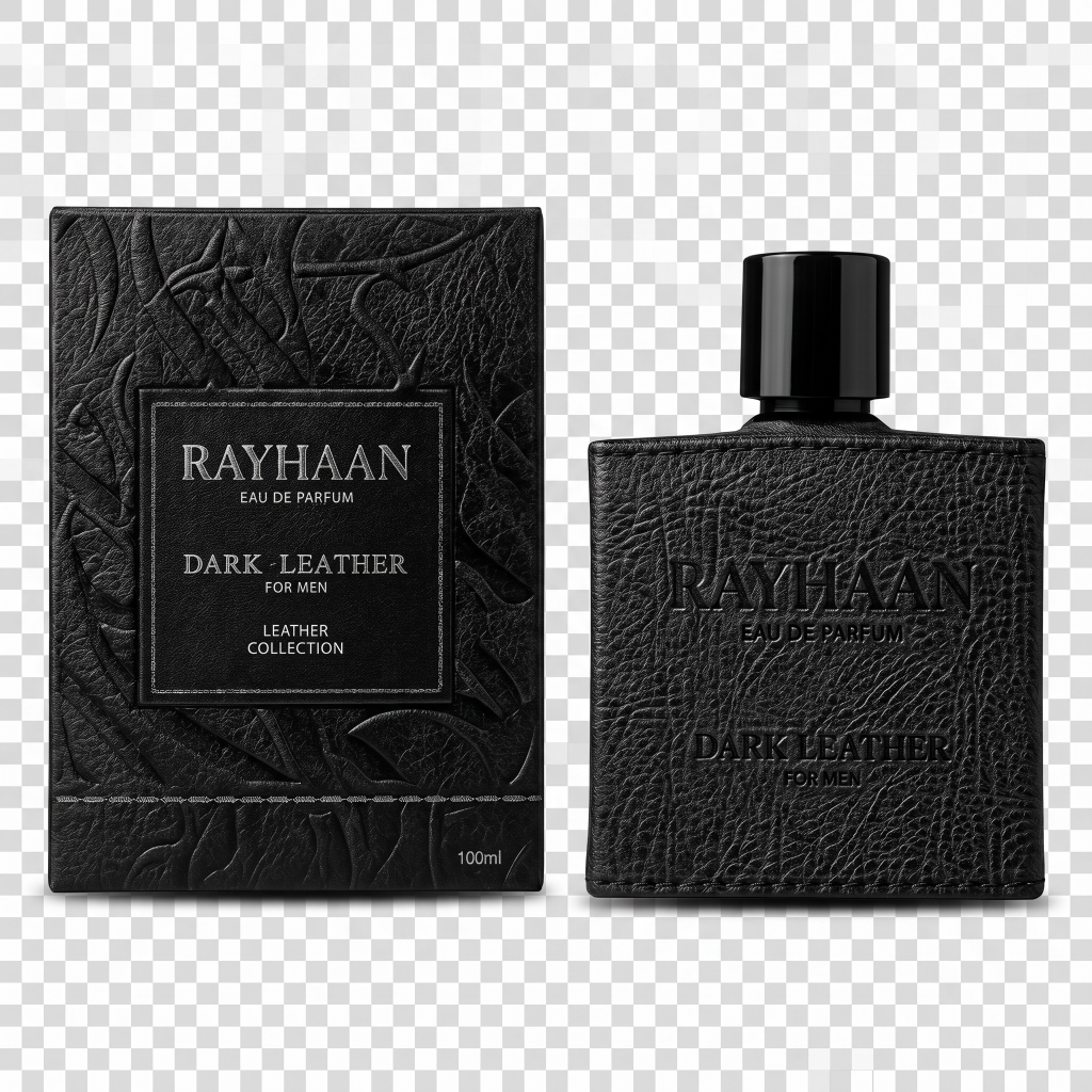Rayhaan Dark Leather Eau de Parfum bottle and packaging on a transparent background