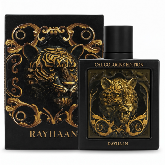 Rayhaan Cal Cologne Edition perfume with ornate packaging featuring a Lion design.