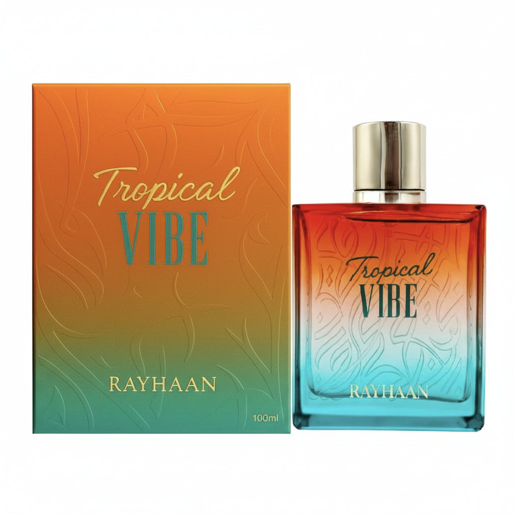 Rayhaan Tropical Vibe perfume bottle and packaging on a white background