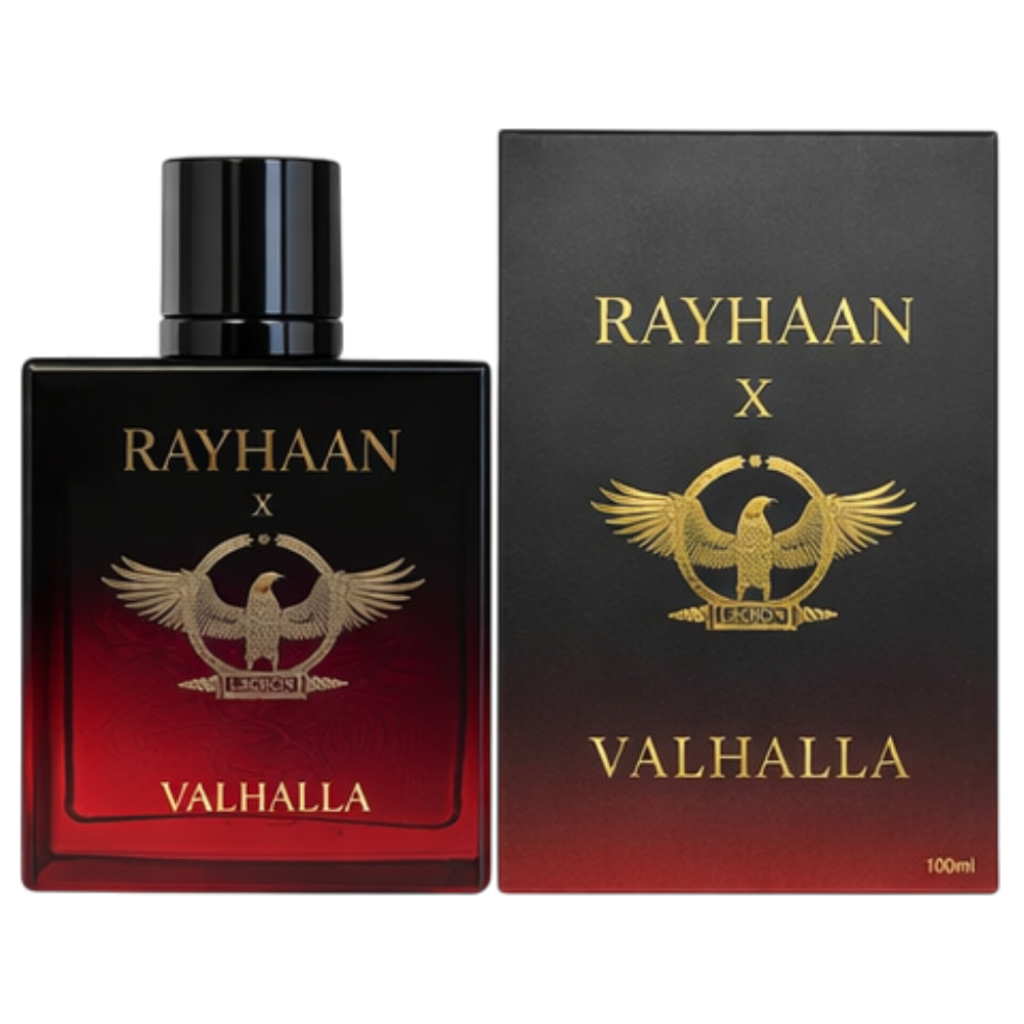 Rayhaan Valhalla perfume bottle and packaging on a white background