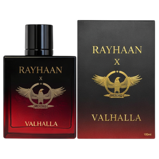 Rayhaan Valhalla perfume bottle and packaging on a white background