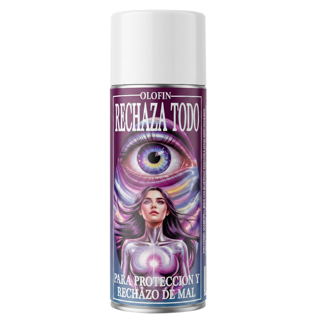 A can of Olofin 'Rechaza Todo' repelling spray with a white cap and a purple label featuring a large eye and a woman's portrait.