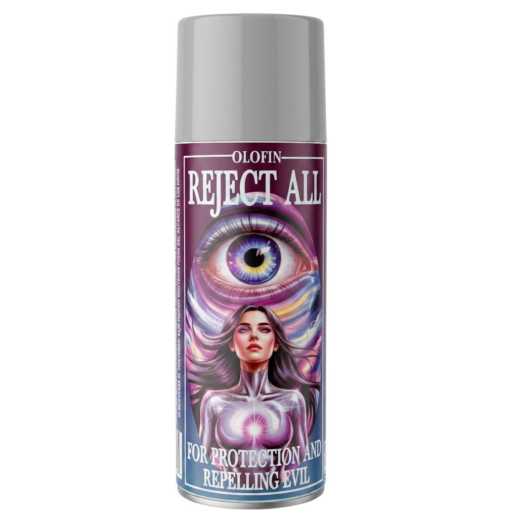 A can of Olofin Reject All spray, featuring a purple label with an all-seeing eye and a woman's face, on a solid white background.