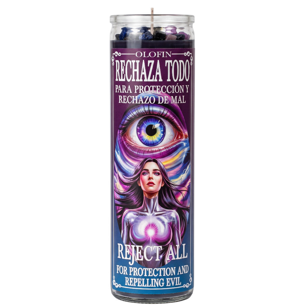A tall glass jar candle with a printed label featuring a stylized woman, a large eye, and Spanish and English text reading 'Olofin Rechaza Todo' and 'Reject All for Protection and Repelling Evil.' The candle is photographed on a plain white background.